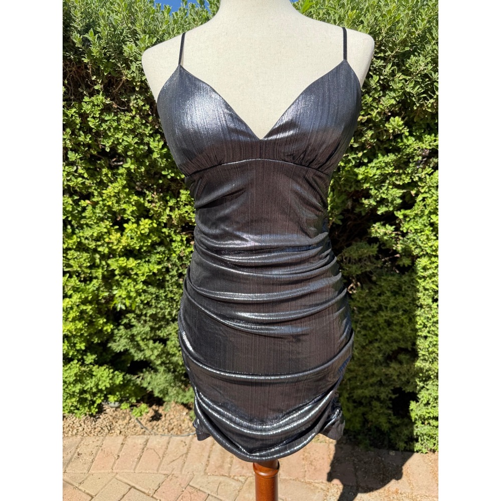 Emerald Sundae Womens Metallic Ruched Bodycon Mini Dress Charcoal Grey Size M